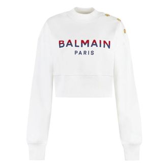 Balmain Sweatshirts, female, White, Size: S Velvet Print Crew-neck Sweatshirt with Embellished Buttons