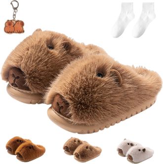 Generic Capybara Slippers, New Cartoon Capybara Slippers, Winter Plush Warm Non-Slip for Women (Light brown half-pack, UK, Adult, Women, 4, Numeric Range, UK 