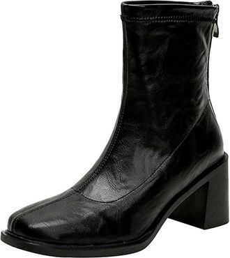 Generic Womens Dressy Ankle Boots, Retro Square Toe Chunky Heels Leather Ankle Boots, Block Heel Short Booties with Back Zipper for Casual Outings (Black,3.5)