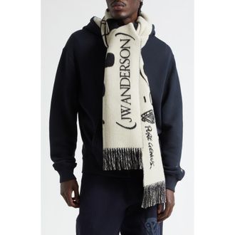 J.W.Anderson x Guinness Smooth Tempo Virgin Wool & Cashmere Fringe Scarf in Cream/Black at Nordstrom