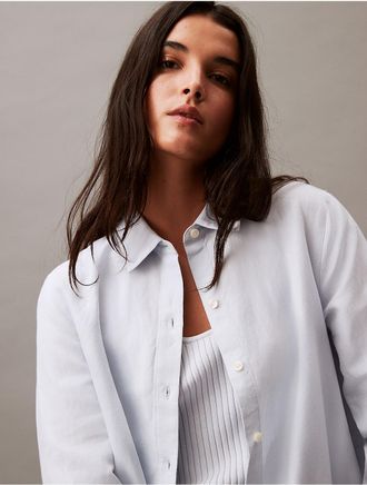 Calvin Klein Womens Linen Blend Classic Button-Down Shirt - Blue - XS