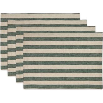 Solino Home Linen Placemats Set of 4, 14 x 19 Inch for Dining Table, Holiday and Everyday Table Decor - Sorrento Stripe in Hunter Green And Natural