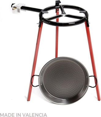 Vaello la Valenciana EDM - Set di padelle per paella lucide da 38 cm con treppiede e bruciatore a gas da 300 mm. vaello