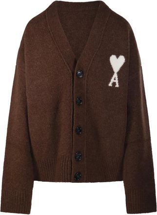 Ami Quota V Neck Cardigan con Ami de Coeur - Knitwear - Mujer - Marr&oacute;n - XL