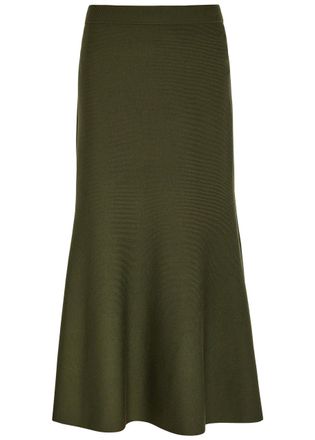 SIMKHAI Layne Ribbed Merino Wool Midi Skirt - Khaki - S (UK8-10 / S)