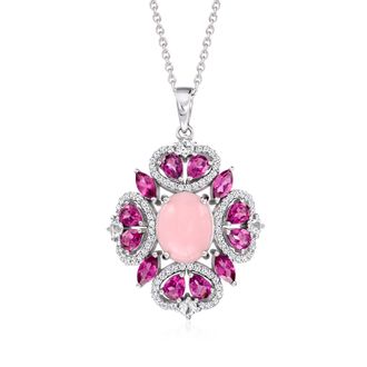 Ross-Simons Pink Opal and Rhodolite Garnet Pendant Necklace With. White Topaz in Sterling Silver