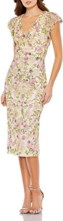 Mac Duggal Floral Embellished Flutter Cap Sleeve Dress in Cream Multi at Nordstrom, Size 10