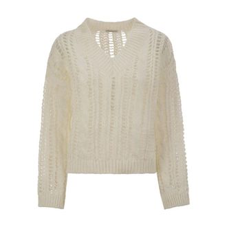 Brunello Cucinelli V-Neck Open Knit Jumper - female - Brunello Cucinelli - V-neck Knitwear - Beige - L - Knitwear