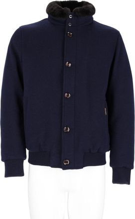 Moorer Navy Blue Cropped Jacket with Plush Fur Collar