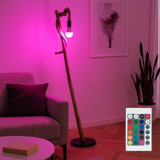 Globo Lighting Lampada Da Terra Con Telecomando Lampada Da Terra Dimmerabile In Legno Nero Lampada In Legno Corda Di Canapa Stile Country, Metallo Marrone, 1x Led Rg