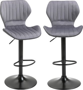 HOMCOM Bar Stool Set of 2 Velvet-Touch Fabric Adjustable Height Swivel Counter Chairs with Footrest - Grey | TJ Hughes