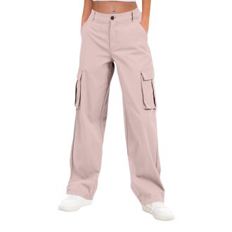 Generic Womens Wide Leg Cargo Trousers with High Waist & Elasticated Back, Stretchy Relaxed Fit Combat Pants with Multiple Pockets, Casual Walking Work Travel