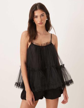 Sister Jane Sister Jane - Top stile babydoll in tulle nero con spalline sottili