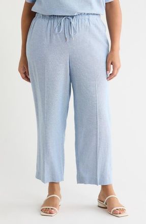 Anne Klein Crop Wide Leg Drawstring Linen Blend Pants in Lagoon/Crisp White at Nordstrom, Size 0X