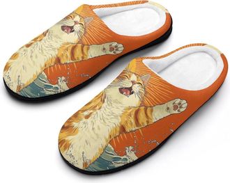 Generic Japanese Cat Ocean Wave Womens Slippers Warm House Slippers Indoor House Shoes with Anti-Skid Rubber Sole