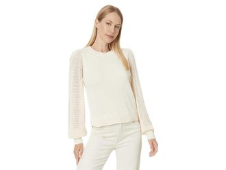 Lilla P Pointelle Sleeve Crewneck Sweater Womens Sweater Cream : XL, Cotton/Polyester