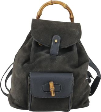 Gucci Vintage Bamboo Backpack Suede Navy Suede Backpack Bag (Pre-Owned)