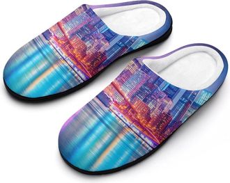 Generic New York City Night Skyline Mens House Slippers Memory Foam Washable Cotton Slip on Home Shoes