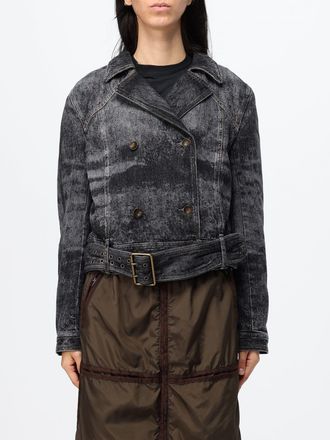 Diesel Cropped Abstract Print Biker Jacket in Worn-Out Denim with Belt