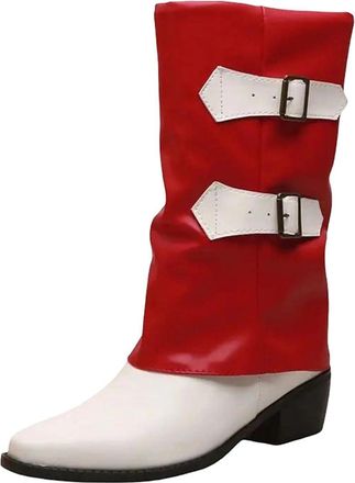 Generic Womens Elegant Mid Calf Boots Round Toe High Block Heel Slip On With Platform Belt Buckle And Mixed Color Design