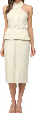 Fate Cross Over Neck Belted Midi Dress In Light Beige