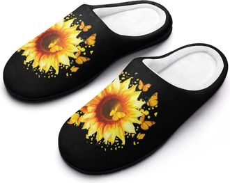 Generic Sunflower with Yellow Butterflies Mens Slippers Slip On Comfortable Fleece Cotton House Shoes Winter