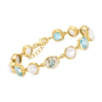 Ross-Simons 7.5-8mm Cultured Pearl, Gray Jasper and Sky Blue Topaz Bracelet in 18kt Gold Over Sterling