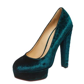 Charlotte Olympia Green Textured Velvet Dolly Platform Pumps