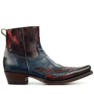 Generic Mens Square Pointy Toe Ankle Boots PU Leather Western Cowboy Boots Block Heel Vintage Dress Shoes,Blue,8.5 UK