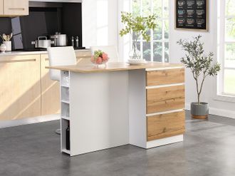 Vente-Unique Isola centrale da cucina con 6 cassetti e 4 nicchie in MDF Naturale chiaro e Bianco - POMARELA