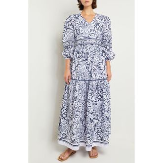Misook Embroiderd Floral Cotton Maxi Dress in Mazarine/White at Nordstrom, Size X-Large
