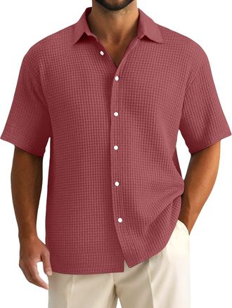 Generic DENGJIAMY Mens Waffle Button Up Shirts Short Sleeve Fashion Casual Solid Collar Tops Plain Button Down Shirt Fashion Plus Size Tees Men Clothing (Red,