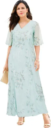 Roaman's Plus Size Flutter Sleeve Allover Embroidered Gown in Mint Rose Bouquet at Nordstrom, Size 32