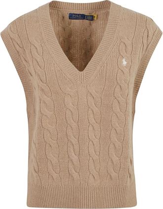Ralph Lauren Vest met V-hals en Kabelsteek - Dames - V-hals truien - Bruin - S - Wol - Truien & Vesten