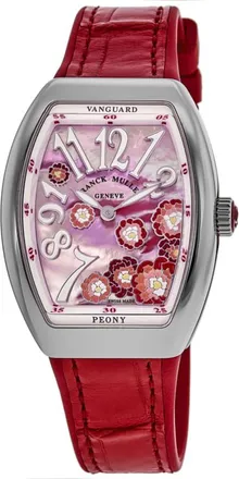 Franck Muller Vanguard Limited Edition Lady Peony Color Dreams 32mm Red Mother of Pearl Dial Leather Strap Womens Watch V 32 QZ MOP RG AC RG
