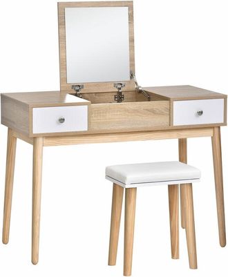 HOMCOM Homcom - Tocador con Espejo Abatible Cajones y Taburete 100x45x118 Color Natural