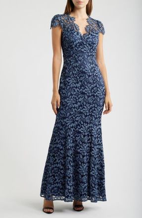 Eliza J Illusion Yoke Lace Trumpet Gown in Denim at Nordstrom, Size 10