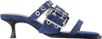 Ganni Schoenen, Dames, Blauw, 38 EU, Denim, Buckle Strap Mule in Denim