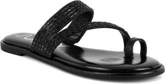 SUGAR Womens Strappy Toe Loop Sandals with Cushioned Sole - Open-Toe Slip-On Flip Flops in Vegan Leather, Black, 4 UK