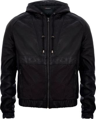 Infinity Leather Mens Vintage Zipped Leather Hooded Bomber Biker Jacket