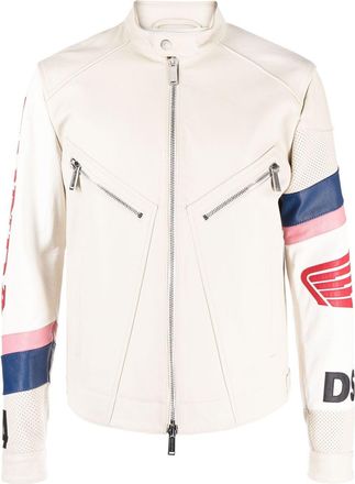 Dsquared2 logo-patch leather biker jacket - men - Cotton/Calf Leather/Polyester - 50 - Neutrals