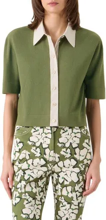 Akris Relaxed Fit Short Sleeve Virgin Merino Wool Cardigan in Green Tea-Ivory at Nordstrom, Size 6