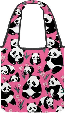Generic Cute Panda on Pink Reversible Canvas Shoulder Tote - Double-Sided Print, 12oz Cotton, 27cm Drop, Fold-Flat Bag for Travel, Shopping, Street Outings