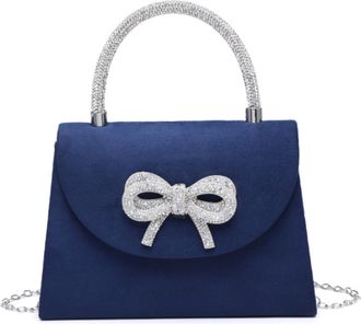Generic Womens Suede Evening Clutch Bag with Rhinestone Bow, Diamante Top Handle & Chain Strap, Small Elegant Handbag for Wedding, Party & Formal Events (Navy