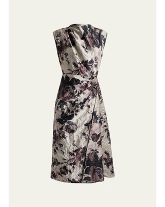 Erdem Draped Floral Satin Midi Dress