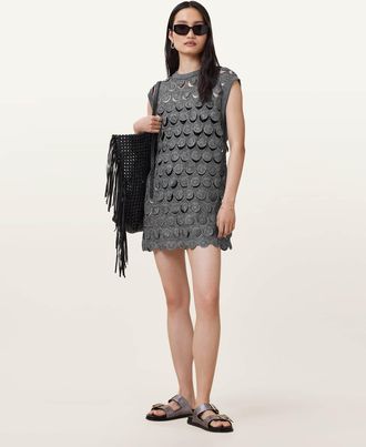 AllSaints Polyester Iris Crochet Metallic Mini Dress, Size: XS