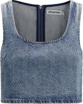 Self Portrait Rhinestone Denim Crop Top - Dames - Tops zonder mouwen - Blauw - 2XS - Denim - Tops