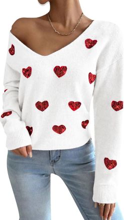 Generic Sequin Heart V-Neck Jumper Sweater for Women Shiny Glitter Embellished Knit Pullover
