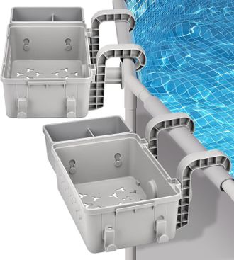 OEM Juego De 2 Cestas De Almacenamiento De Pl&aacute;stico Reciclado Gris Para Piscinas Elevadas, Con Portavasos Y Gancho. Cesta Lateral Para Accesorios De Pisci