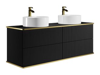 Vente-Unique Mueble de ba&ntilde;o suspendido estriado con ribete dorado y doble lavabo redondo - Negro - 150 cm - KELIZA